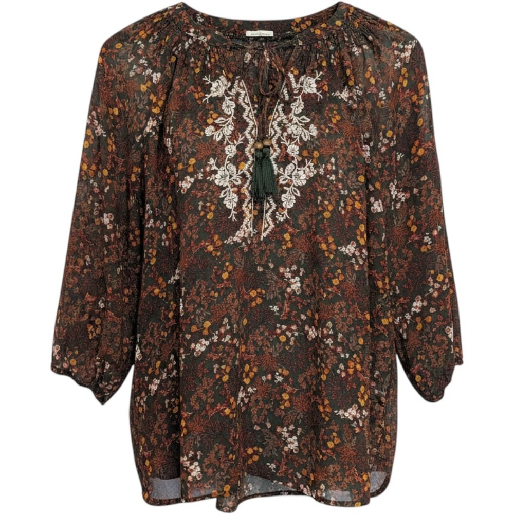 Mason & Belle Fall Floral Peasant Blouse 1X Green Embroidery Tassel CottageTop